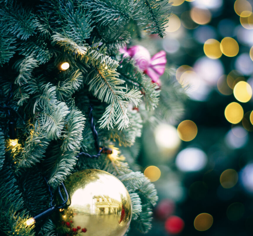Fluffy fir decorated with gold and red baubles. lights